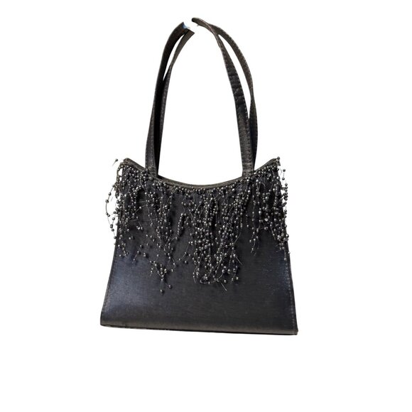 Vintage Black Satin Evening Bag Cascading Beaded Pearl Detail Double Handle Form - Picture 2 of 7